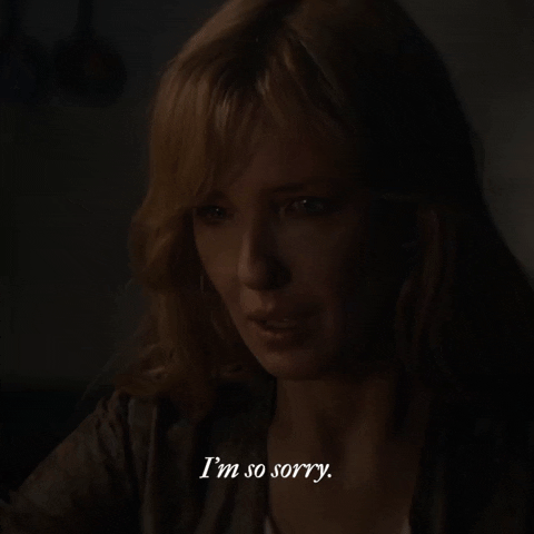 Movie gif. Kelly Reilly as Isabelle Laurent in The Cursed looks tearful and says, "I'm so sorry."