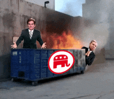 Political gif. Dr. Oz jumps around inside a dumpster fire as Lindsey Graham peers around from the side and Lauren Boebert appears from below. The dumpster is stamped with a red and white elephant.