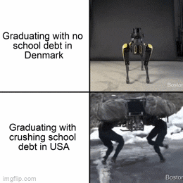 Meme gif. Two gifs. First gif: A dog-like robot dances around confidently. Text, "Graduating with no school debt in Denmark." Second gif: A dog-like robots struggles and slips on a sheet of ice. Text, "Graduating with crushing school debt in U-S-A."
