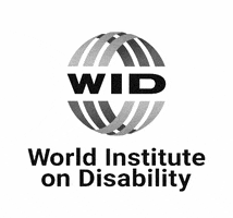 Digital art gif. World Institute On Disability logo, bridges forming an abstract globe containing the letters W I D, in grayscale against a white background with cycling film grain.