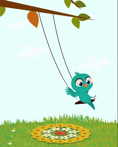 Cartoon gif. Blue bird swings happily on a swing above a neatly-placed circular arrangement of flowers in the grass below. Text appears, "Happy Onam."