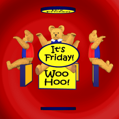 Cartoon gif. Teddy bears in blue and red vests circle around on rectangles that say, "Woo hoo!" Carouseling ovals that pass in front of them read, "It's Friday!"