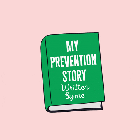 Digital art gif. Illustration of a book with a green cover titled "My prevention story, written by me," which opens to reveal a page that says, "Co-authored by my community, my family, my friends, my co-workers, my therapists, my sponsors," all against a light pink background.