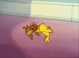Cartoon gif. Jerry the brown mouse dances excitedly arm in arm with Quacker, a yellow bird. They kick their legs as they dance in a circle. 