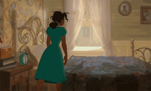 Cartoon gif. Woman in a teal dress topples over face first onto a bed, closing her eyes, arms and legs dangling sluggishly off the bed.