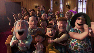 Cartoon gif. Cheerful people fill wooden benches as they applaud and celebrate excitedly. 