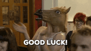 Video gif. A person in a horse mask sits among rows of people and claps energetically before giving a thumbs up. Text, "Good luck!"