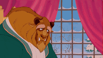 Disney gif. Beauty and the Beast sit at the Beast's dining table and raise their plates in toast to each other before drinking straight from the plate.