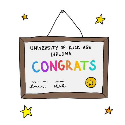 Digital art gif. A plaque reads, "University of Kick Ass, Diploma. Congratulations!" and stars shimmer beside it.