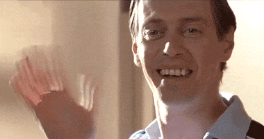 Movie gif. Steve Buscemi as Danny MacGrath in Billy Madison waves with a goofy smile. His eyes look to someone dreamily. 