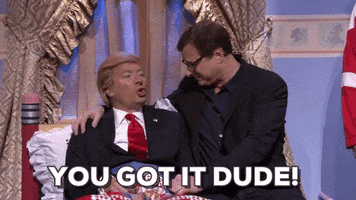 Late Night gif. Jimmy Fallon dressed as Donald Trump sits in a kid’s bed with Bob Saget sitting next to him. Bob Saget looks at Jimmy earnestly with a smile as Jimmy gives a big thumbs up and says, “You got it dude!”
