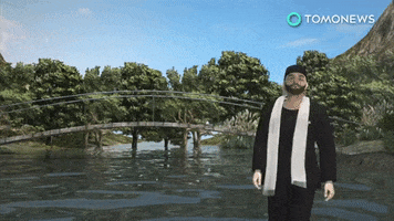 a rabbi taking a walk by a lake and being startled by a lizard man GIF
