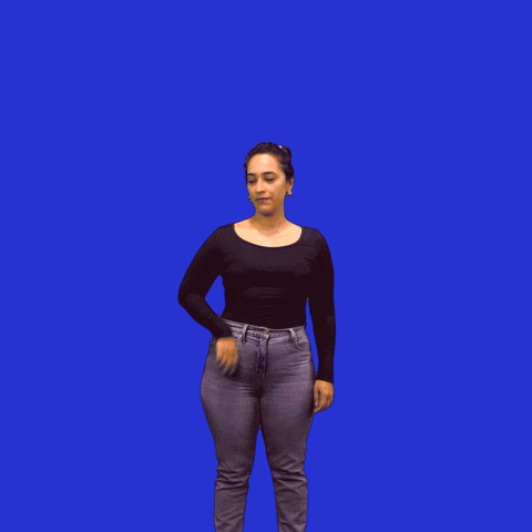 Digital art gif. Happy woman sassily points to different areas around her, where the words "Happy Fathers Day" appear, one after the other, all against a blue background.