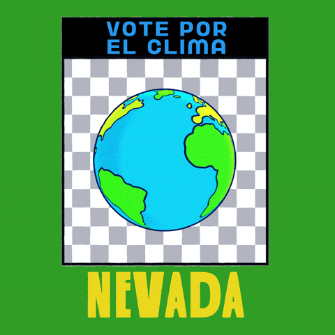 Digital art gif. Earth spins in front of a grey and white checkered background framed in green. Text, “Vote por el clima. Nevada.”