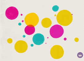 Text gif. The word congratulations appears written on the screen in cursive font against a background of yellow, pink and blue popping polka dots.