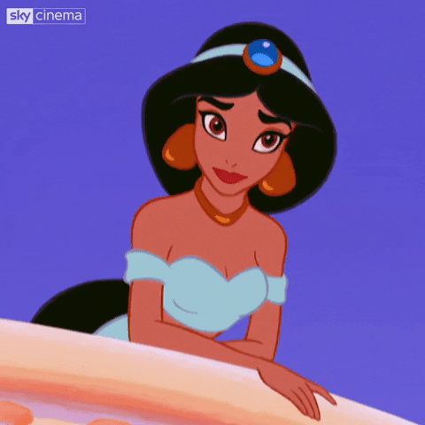 Disney gif. Princess Jasmine from Aladdin rolls her eyes and rests her chin in her hand.