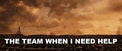Video game gif. Dusky golden landscape view of Call of Duty city in war under cloudy sky. Text, "The team when I need help."