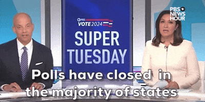 Political gif. Amna Nawaz and Judy Woodruff on PBS NewsHour. Judy says, "Polls have closed in the majority of states."