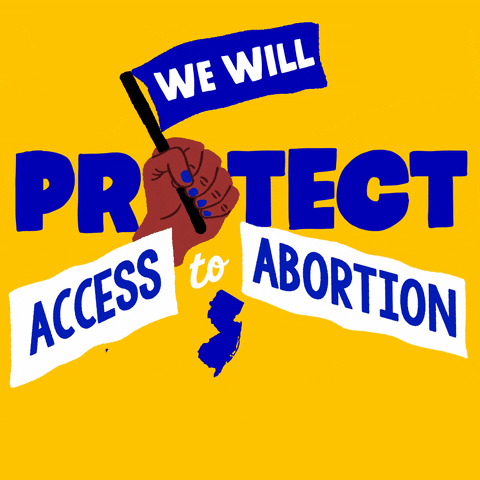 Text gif. Brown hand with blue fingernails against yellow background waves a blue flag up and down that reads, “We will,” followed by the text, “Protect access to abortion. New Jersey.”