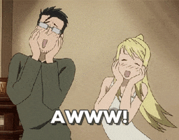 Anime gif. Two characters from Full Metal Alchemist are blushing as they put their hands to their cheeks and they wiggle in joy at seeing something adorable.