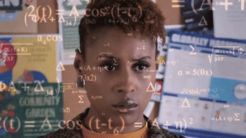 Celebrity gif. Looking stressed, we zoom in on Issa Rae as calculations float around her face.