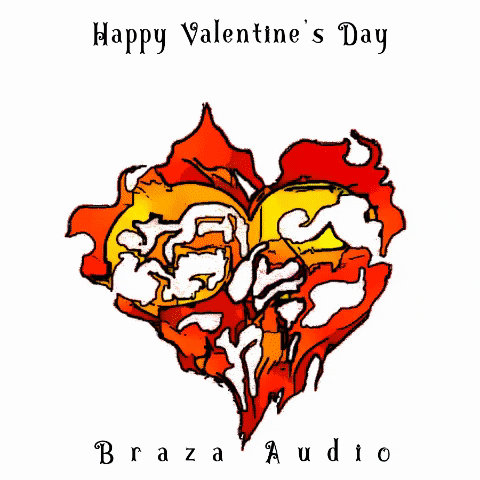 Digital art gif. Stylized and colorful hearts dance against a white background as several black arrows float through them beneath the message, “Happy Valentines Day, Braza Audio.”