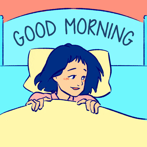 Illustrated gif. A woman lays in bed, tucked in. A dog hops onto bed and lips her face, she smiles. Text, “Good Morning.”