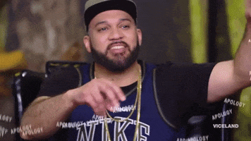 Video gif. The Kid Mero on Desus and Mero moves his hands around like he’s sprinkling salt or powder all over, but the word, “Apology” sprinkles out.
