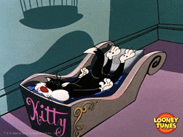 Cartoon gif. Sylvester from Looney Tunes lies face down in his bed backward, with his feet on his pillow. He opens his eyes, which are pained and bloodshot, and then sits up, looking sleep-deprived and stressed.