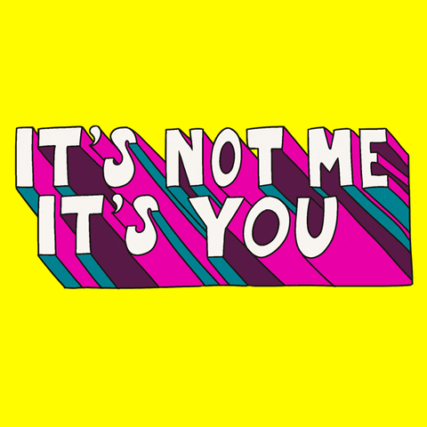 An animated gif with the text "it's not me it's you" in multicolours