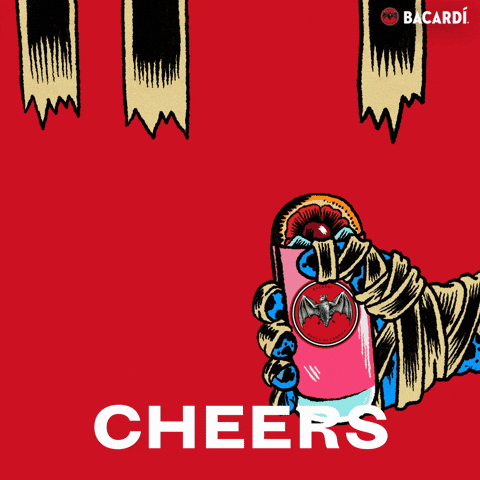 Sponsored gif. A mummy hand toasts a cocktail in a tumbler with the Bacardi logo. Text reads "CHEERS."