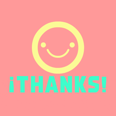 Text gif. A smiley face smiles and blinks at us. Text, "¡Thanks!"