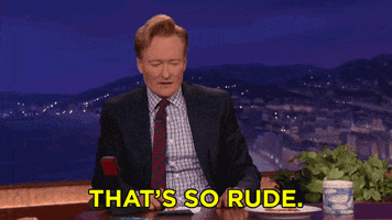 Late Night gif. Conan O’Brien on Conan sits at his desk and has a serious expression on his face as he says, “That’s so rude.”