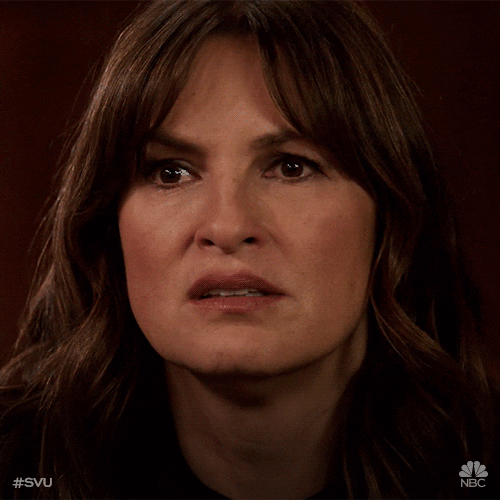 TV gif. Mariska Hargitay as Olivia Benson on Law and Order SVU looking worried, pressing her hands together and in front of her mouth.