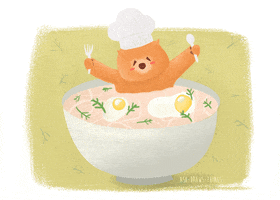 Illustrated gif. Light brown bear wearing a chef's hat holds a spoon and a fork while bathing in a bowl of soup with two eggs and herbs.