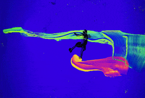 Digital art gif. Animated painting on glass of a person surfing. The neon colored paint shifts and moves like the waves of an ocean and the person surfing is painted in all black and the entire image is very dynamic.
