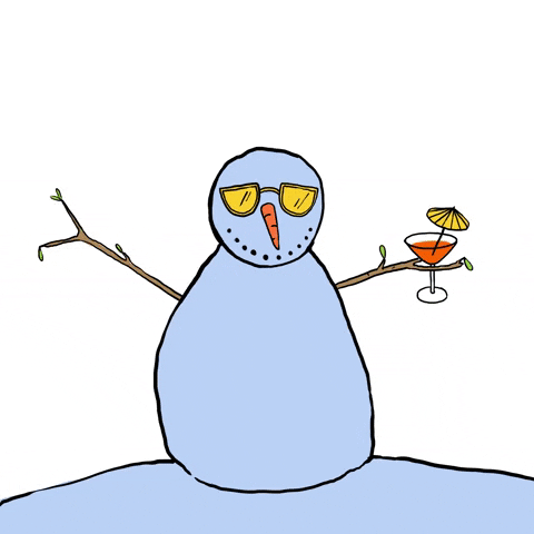 Cartoon gif. A snowman holding an alcoholic drink with a tiny umbrella in it wears gold sunglasses and dances from side to side with a smile. 
