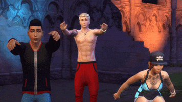 Video game gif. Three Sims characters are dancing and all attempt to do an aerial backflip. The character in the middle fails and lands roughly on his neck.