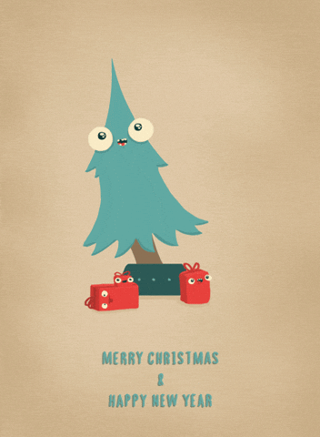 Digital illustration gif. Tall, thin Christmas tree with a triangular shape and googly eyes bobs back and forth as red gift boxes with googly eyes bounce up and down below it against a light brown background. Text, "Merry Christmas & Happy New Year." 