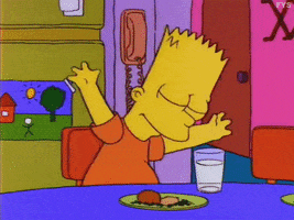 The Simpsons gif. Bart sits in front of a plate of food with his eyes closed as he sways his hands in the air as if in celebration. 