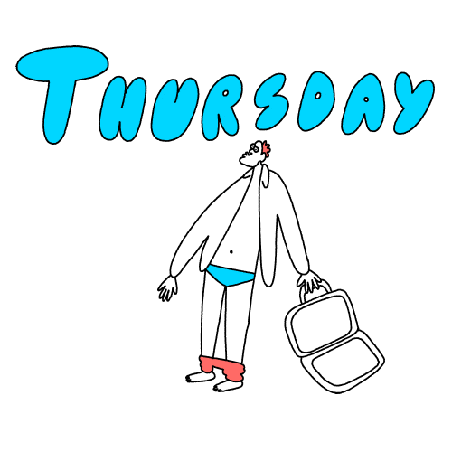 Digital art gif. A sketch of a man with a small head, waves his long arms and struggles with his pants around his ankles and an open briefcase. Blue text, "Thursday."
