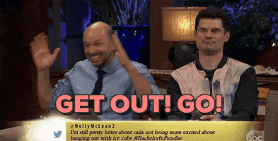 TV gif. Paul Scheer reacts to Bachelor in Paradise, waving his hands in a pushing motion and saying, “Get out! Go!”