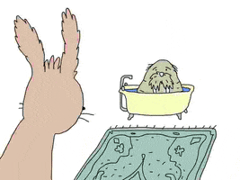 Cartoon gif. Brown rabbit looks towards us as a small pink heart falls from above and lands on a teal carpet before scurrying off. In the background, a green walrus casually rests partially submerged in a dripping yellow bathtub.
