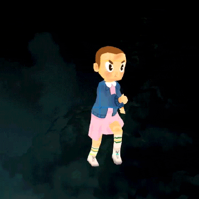Digital art gif. Determined Eleven wearing a pink dress in Stranger Things runs through a creepy dark scene in the Upside Down.