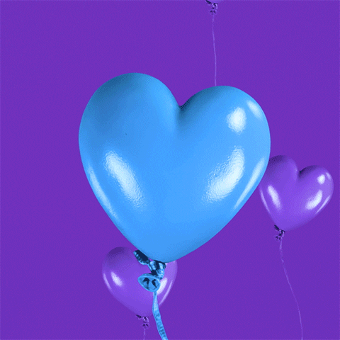 Illustrated gif. Blue heart-shaped balloon sways side to side in front of a purple background with small purple heart balloons floating up.