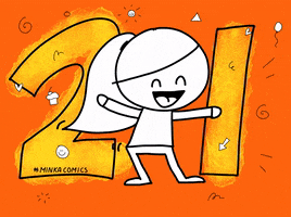 Illustrated gif. Drawn in black and white, a woman with a ponytail dances happily in front an orange background with the number 21 colored in yellow. Swirly doodles of cupcakes, smiley faces, hearts and arrows are scattered throughout. 