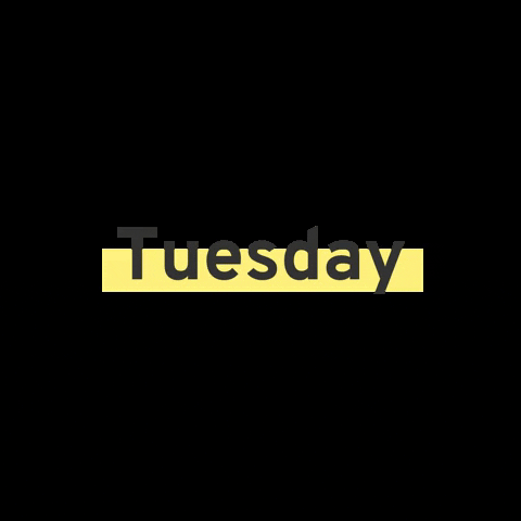 Text gif. Text reading, "Tuesday" alternates between a yellow font with a dark gray textbox and vice versa. The letters are too big to perfectly fit within the text box.