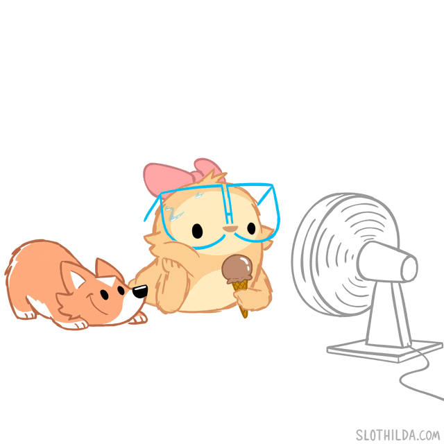 Kawaii gif. Sloth and a Corgi are laying in front of a fan and the sloth holds an ice cream cone. The ice cream gets blown off into the Corgi's face and it licks it up happily.
