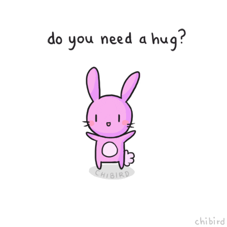 Cartoon gif. A purple chibi rabbit spreads its arms as it speaks to us. Text, "Do you need a hug?" The rabbit closes its eyes tight and hugs itself. Text, "Have one!" The rabbit opens its eyes and spreads its arms again. Text, "Maybe you do, even if you don't think so." 