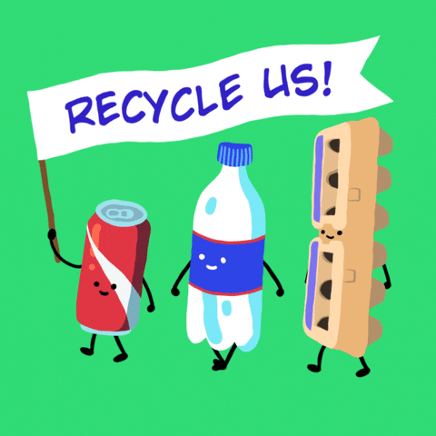 Digital art gif. Cartoon illustration of a soda can, a plastic water bottle, and an egg cartoon, all with arms, legs, and smiling faces. The soda can holds aloft a waving sign that reads, "Recycle us!" all against a bright green background.